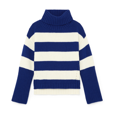 G. Label By Goop Jazmyn High Cuff Striped Turtleneck In Ivory,cobalt