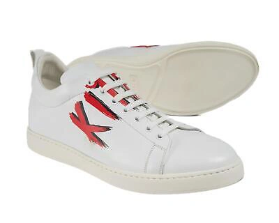 Pre-owned Kiton $1,470 White Calfskin Caiman Leather Sneakers Shoes (10 Eu) 11 Us In White & Red