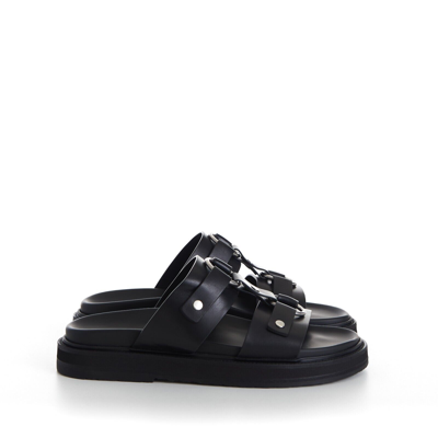 Pre-owned Celine 1050$ Tippi Slide Sandals - Black Leather, Metal Ring/studs
