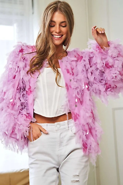 Pre-owned Davi & Dani Fluffy Tiered Ruffle Long Sleeve Party Jacket In Pink