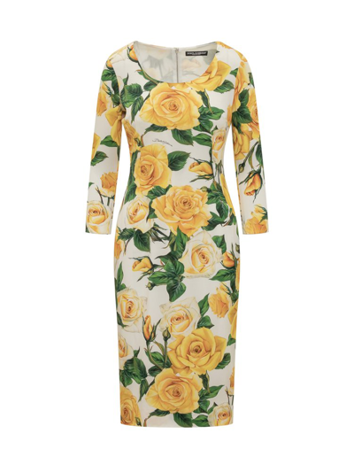 Dolce & Gabbana Yellow Roses Printed Midi Dress In Multicolour