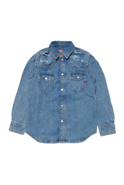 Diesel Kids' Logo-embroidered Denim Shirt In Blue