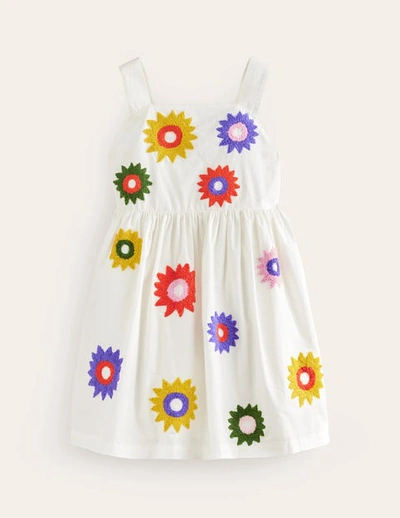 Mini Boden Kids' Textured Appliqué Dress Ivory Flowers Girls Boden
