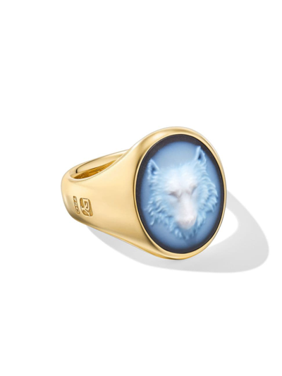 David Yurman Men's Petrvs Wolf Signet Ring In 18k Yellow Gold In Banded Agate