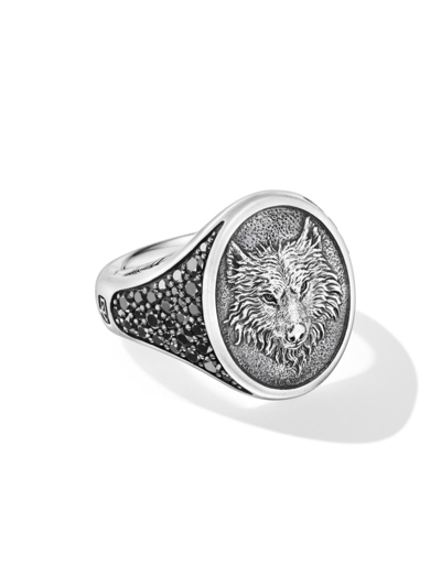 David Yurman Men's Petrvs Wolf Signet Ring In Sterling Silver In Black Diamond