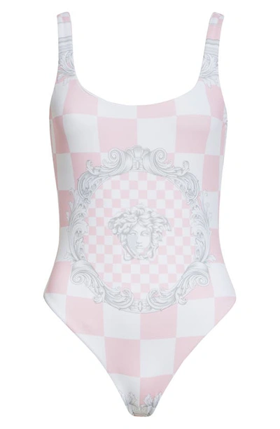 Versace Medusa-print Checked Swimsuit In Pastel Pink White Silver