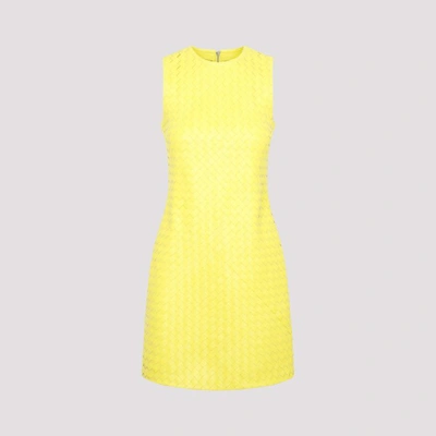 Bottega Veneta Leather Intrecciato Weave Mini Dress In Yellow & Orange