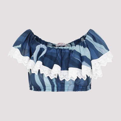 Pucci Marmo-print Cotton Crop Top In Blue