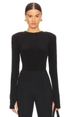 Norma Kamali Shoulder Pad Long Sleeve Crew Top In Black