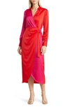 Anne Klein Colorblock Long Sleeve Satin Faux Wrap Dress In Pink