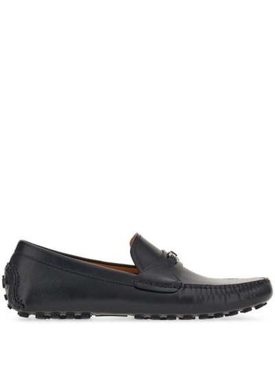 Ferragamo Black Gancini Leather Loafers In Brown