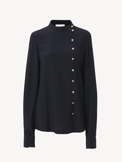 Chloé Embellished Officer Blouse Blue Size 10 100% Silk