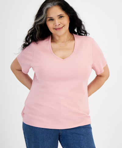 Style & Co Plus Size Short-sleeve V-neck Top, Created For Macy's In Fresh Carnation