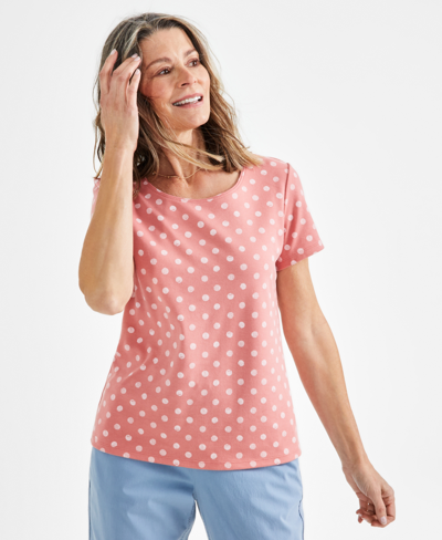 Style & Co Women's Short-sleeve Printed Scoop-neck Top, Created For Macy's In Rain Sea Coral