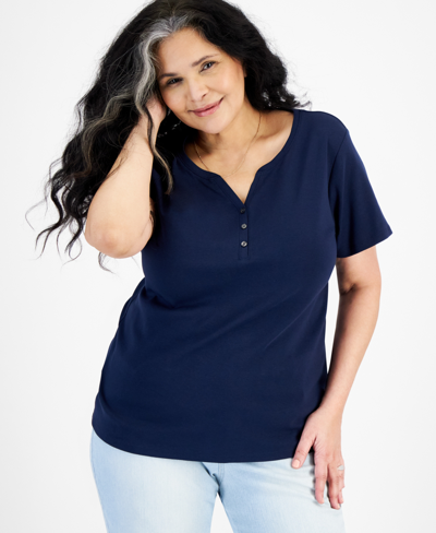 Style & Co Plus Size Short-sleeve Henley Top, Exclusively At Macy's In Industrial Blue