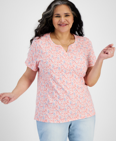 Style & Co Plus Size Short-sleeve Henley Printed Top, Created For Macy's In Patchy Fresh Coral