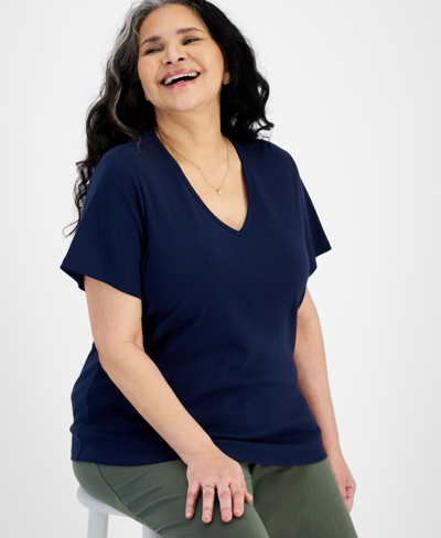 Style & Co Plus Size Short-sleeve V-neck Top, Exclusively At Macy's In Industrial Blue