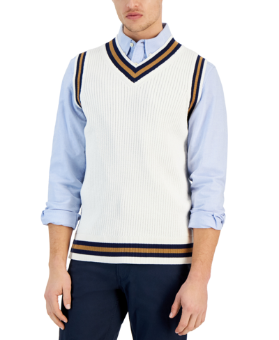 Club Room Men's Spliced V-neck Striped-trim Sweater Vest, Created For Macy's In Winter Ivory