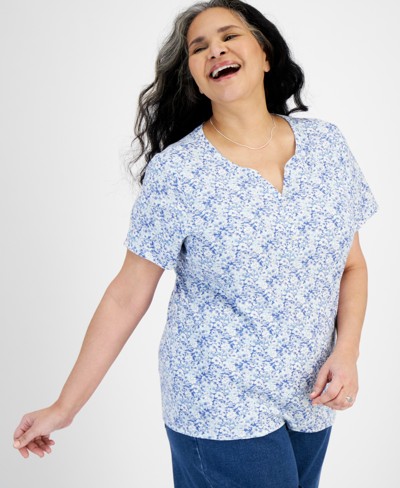 Style & Co Plus Size Short-sleeve Henley Printed Top, Created For Macy's In Patchy Blue