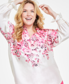 ANNE KLEIN PLUS SIZE FLORAL RUFFLE-NECK SMOCKED-CUFF BLOUSE