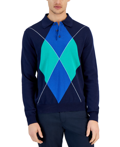 Club Room Men's Argyle Long Sleeve Rugby Sweater, Created For Macy's In Navy Blue