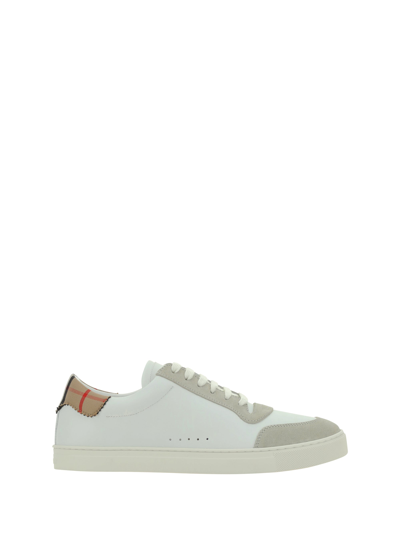 Burberry White Leather Trainer With Check Pattern Men