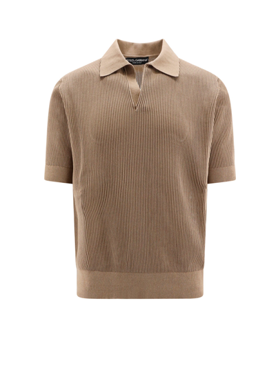 Dolce & Gabbana Ribbed-knit Cotton Polo Shirt In Beige