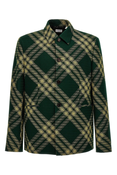 Burberry Check Wool Tailored Jacket In Green,yellow