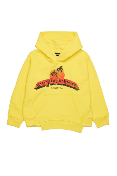 Dsquared2 Kids' 不对称棉连帽衫 In Yellow