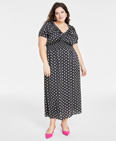 On 34th Trendy Plus Size Cherry Print Smocked Midi Dress, Created For Macy's In Deep Black Combo