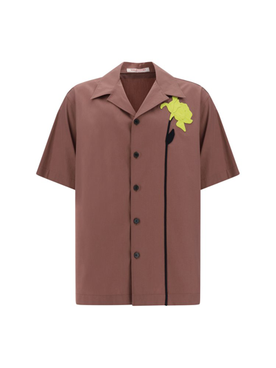 Valentino Floral Embroidered Poplin Bowling Shirt In Brown