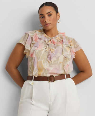 Lauren Ralph Lauren Plus Size Ruffled Flutter-sleeve Blouse In Cream Multi