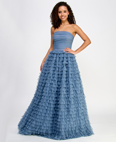 Say Yes Juniors' Multi-ruffle Sequined Ball Gown, Created For Macy's In Slate,grey,iridescent