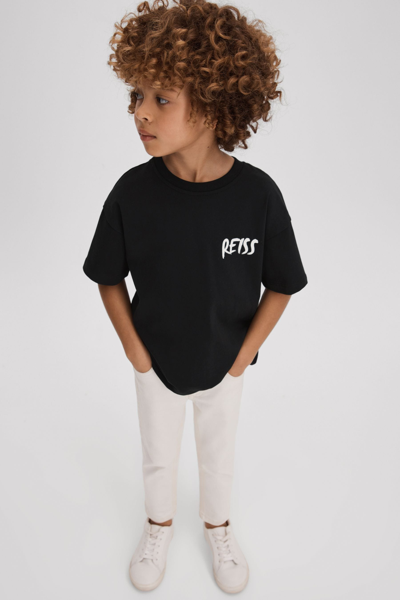 Reiss Kids' Abbott - Washed Black Cotton Motif T-shirt, Uk 7-8 Yrs