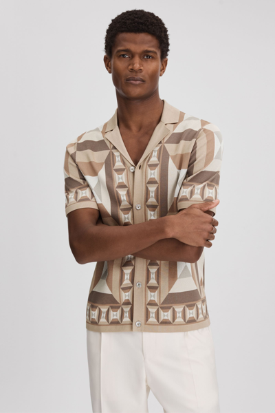 Reiss Beresford - Camel Multi Knitted Cuban Collar Shirt, L
