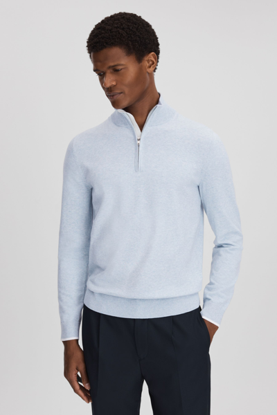 Reiss Swinley - Soft Blue Melange Cotton Blend Half-zip Funnel Neck Jumper, M