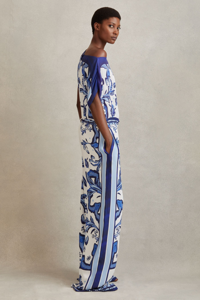Reiss Diana - Blue Tile Print Off-the-shoulder Jumpsuit, L