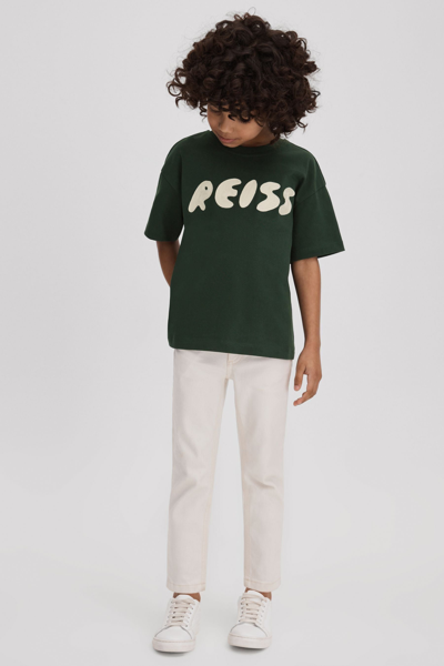 Reiss Kids' Sands - Hunting Green Cotton Crew Neck Motif T-shirt, Age 8-9 Years