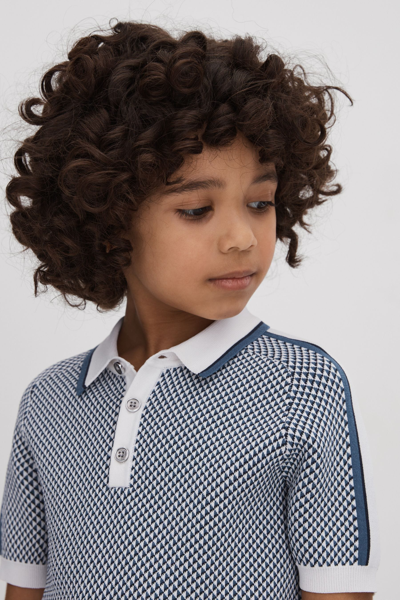 Reiss Brunswick - Blue Junior Geometric Design Knitted Polo Shirt, Age 5-6 Years