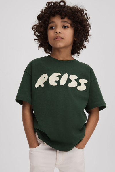 Reiss Kids' Sands - Hunting Green Senior Cotton Crew Neck Motif T-shirt, Uk 9-10 Yrs