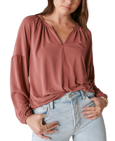 Lucky Brand Women's Long-sleeve Notched-neck Top In Wild Ginger