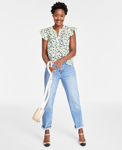 On 34th Women's Ditsy-print Flutter-sleeve Top, Created For Macy's In Sea Green Combo