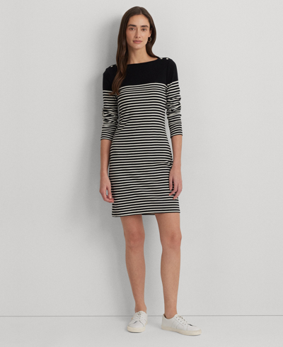 Lauren Ralph Lauren Striped Cotton Boatneck Dress In Black,mascarpone Cream