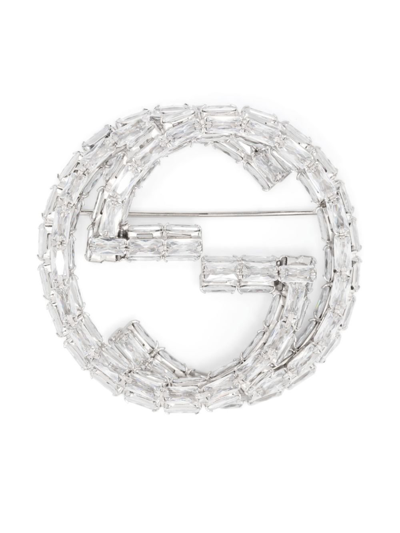 Gucci Palladium-tone Crystal Interlocking G Brooch In Silver