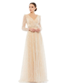 Mac Duggal Long-sleeve Beaded Stripe A-line Gown In Champagne