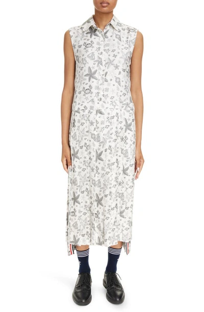 Thom Browne Nautical Crystal Print Sleeveless Pleated Silk Shirtdress In White