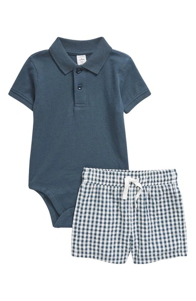 Nordstrom Babies'  Cotton Polo Bodysuit & Shorts Set In Navy Midnight- Navy Gingham