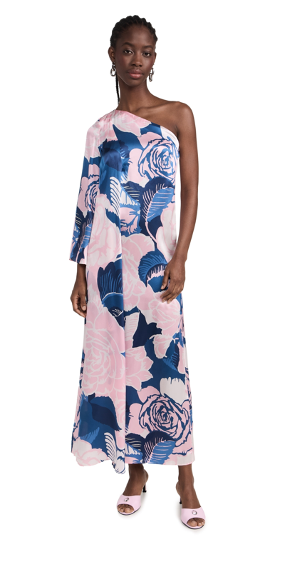 Figue Greta Floral-print One-shoulder Slit-hem Silk Maxi Dress In Rose Garden Blue