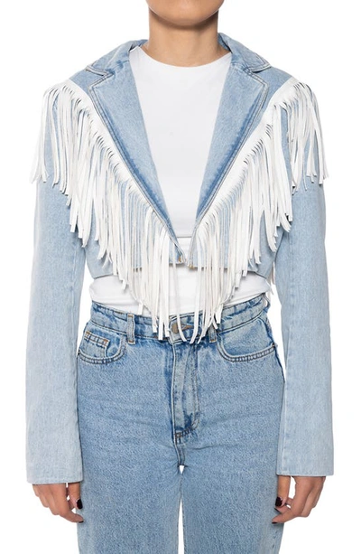 Azalea Wang Fringe Crop Denim Jacket In Blue