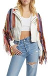 Azalea Wang Rainbow Fringe Stud Detail Faux Leather Moto Jacket In White Multi